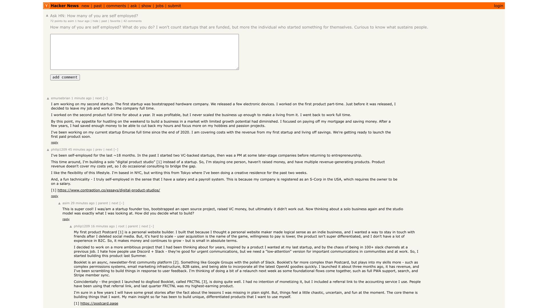 Screenshot of this Hacker News post: Ask HN: How many of you are self employed?