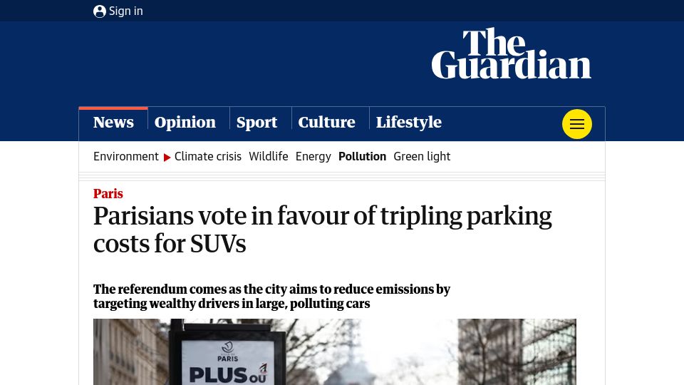 Screenshot of theguardian.com: Parisians vote in favour of tripling parking costs for SUVs