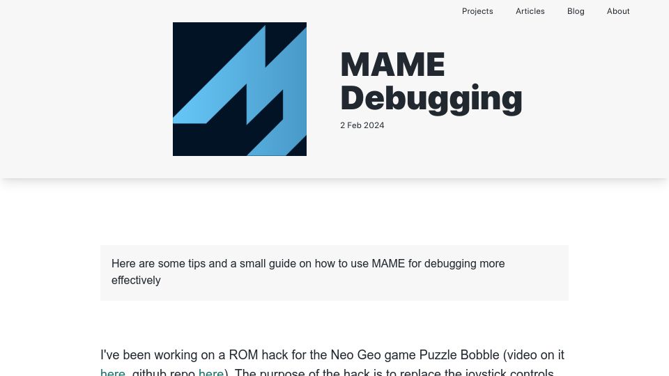 Screenshot of mattgreer.dev: MAME Debugging