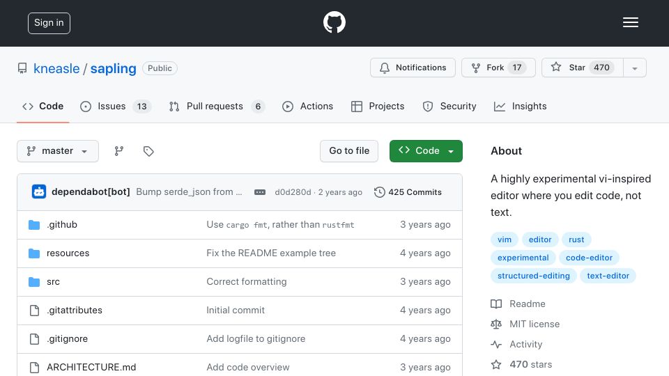 Screenshot of github.com: Sapling: Experimental vi-inspired editor where you edit code, not text