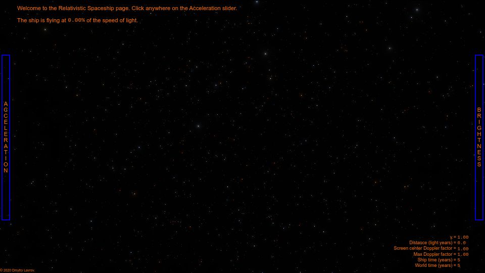 Screenshot of dmytry.github.io: Relativistic Spaceship