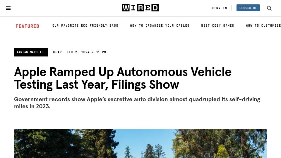 Screenshot of wired.com: Apple Ramped Up Autonomous Vehicle Testing Last Year, Filings Show