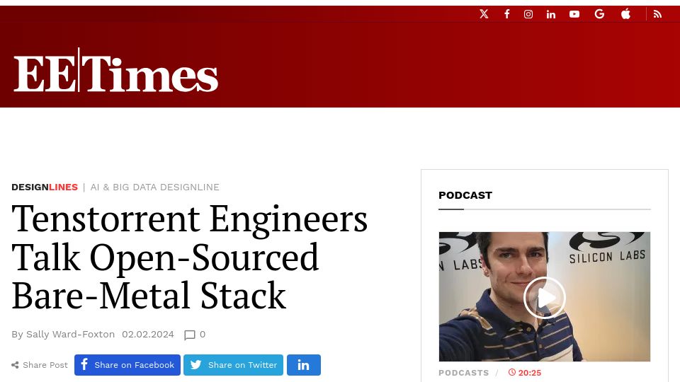 Screenshot of eetimes.com: Tenstorrent engineers talk open-sourced bare-metal stack