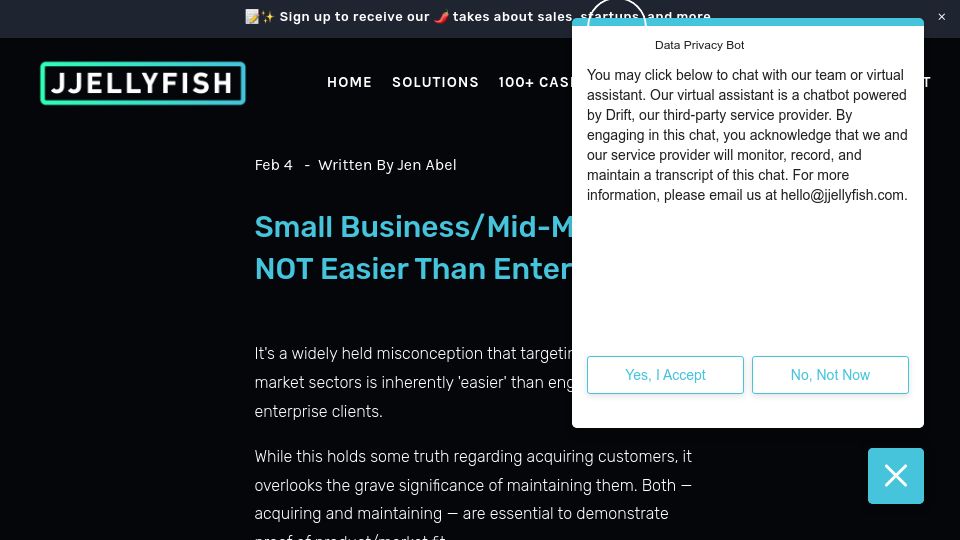 Screenshot of jjellyfish.com: Small Business and Mid Market Is Not Easier Than Enterprise