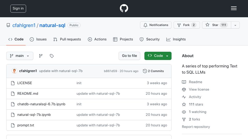 Screenshot of github.com: Show HN: Natural-SQL-7B, a strong text-to-SQL model