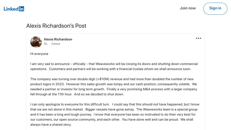 Screenshot of linkedin.com: Weaveworks is shutting down