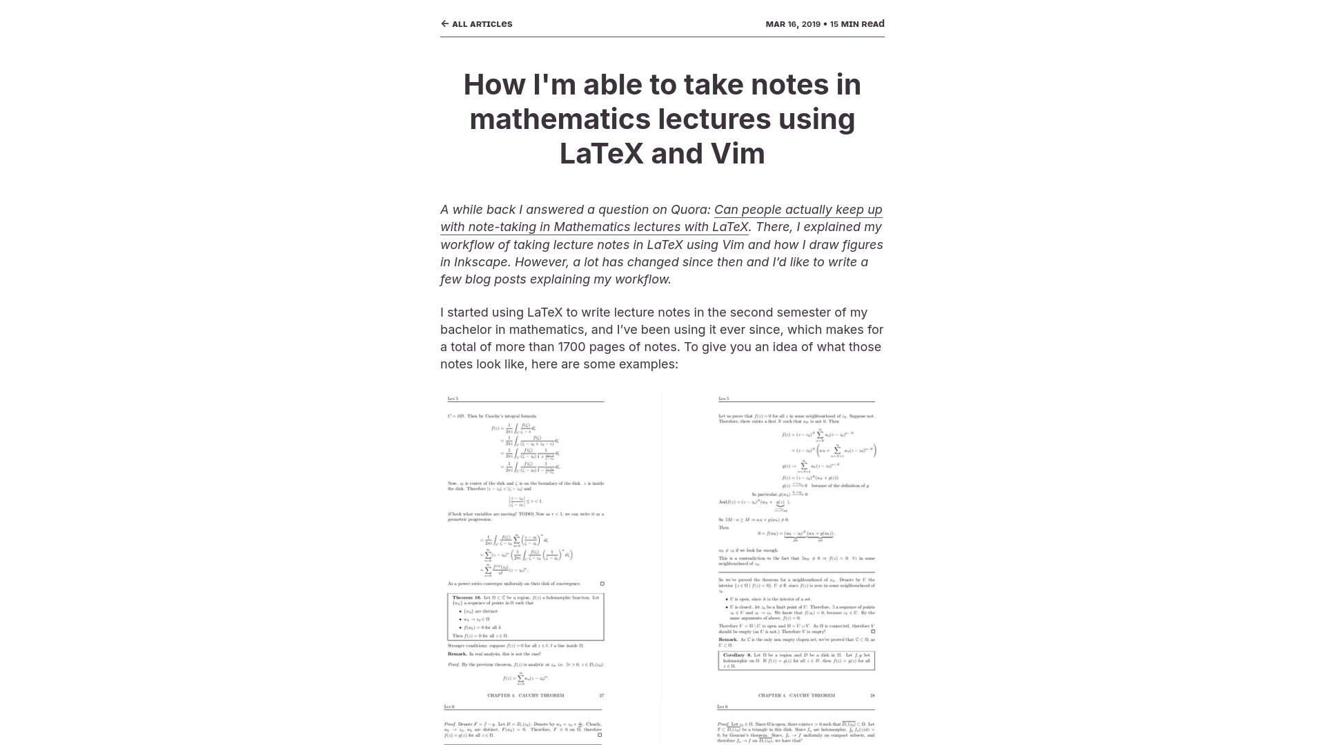 Screenshot of castel.dev: How I'm able to take notes in mathematics lectures using LaTeX and Vim (2019)