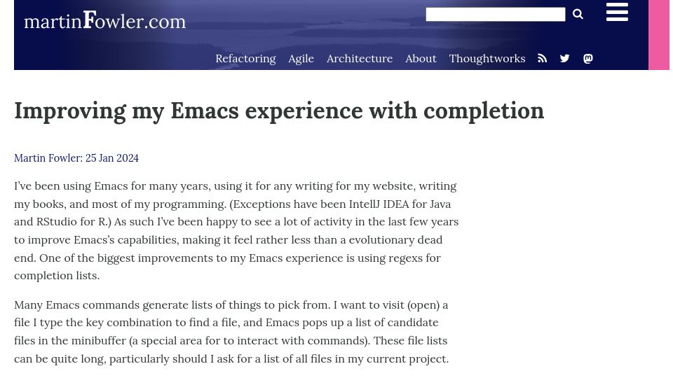 Screenshot of martinfowler.com: Improving my Emacs experience with completion