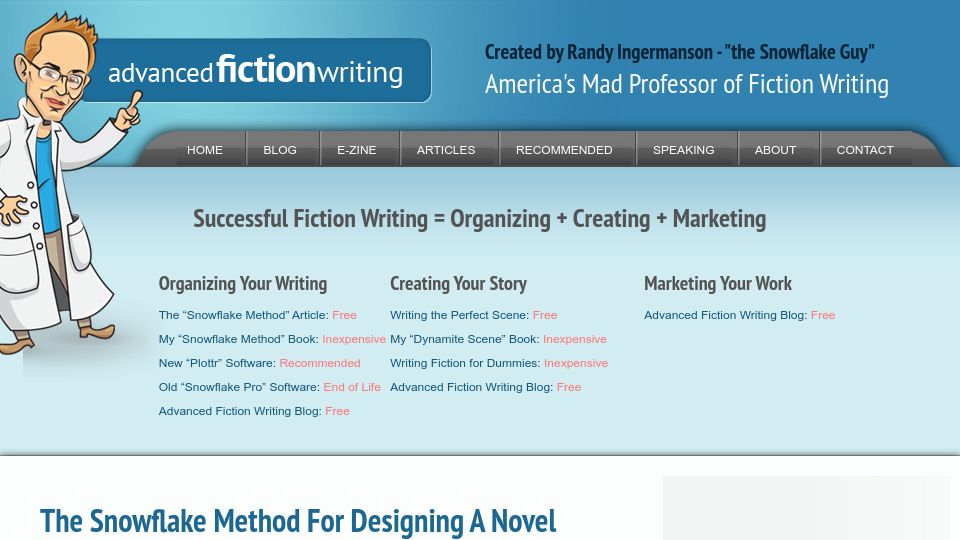 Screenshot of advancedfictionwriting.com: How to write a novel using the snowflake method (2013)