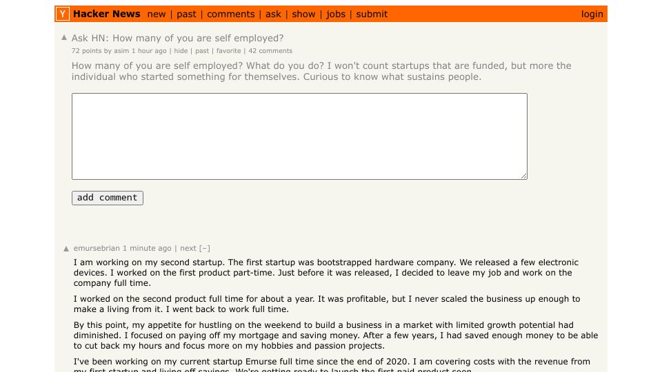 Screenshot of Hacker News post: Ask HN: How many of you are self employed?