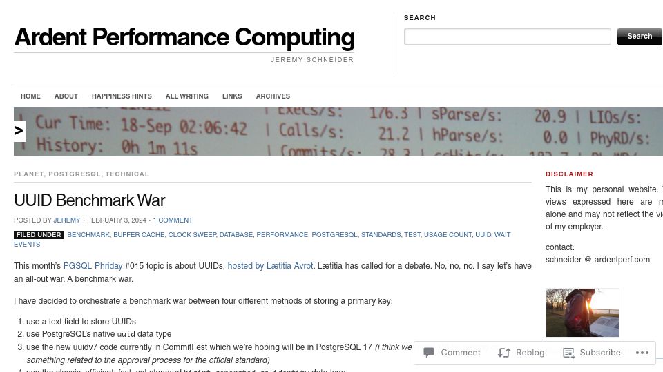 Screenshot of ardentperf.com: UUID Benchmark War