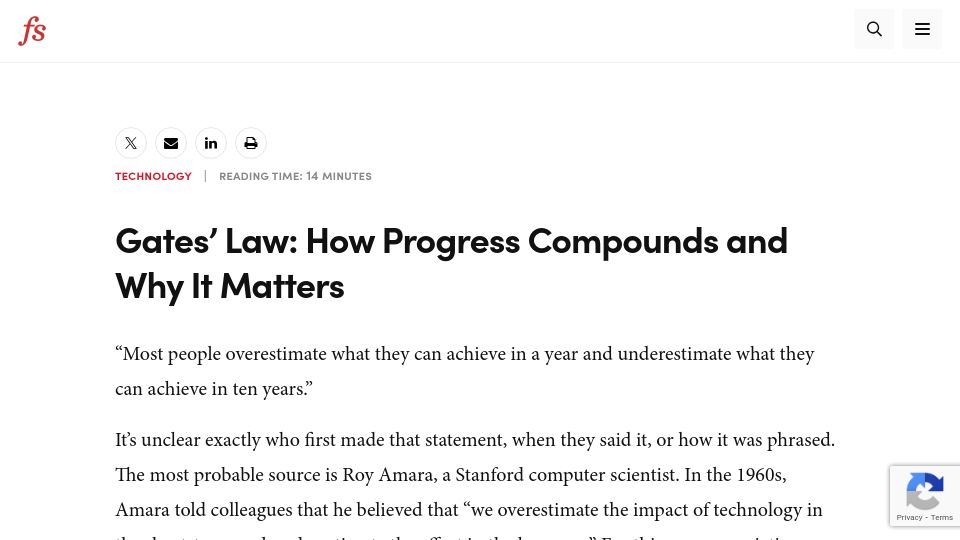 Screenshot of fs.blog: Gates' Law: How progress compounds and why it matters (2018)