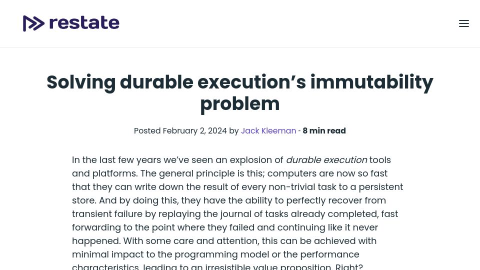 Screenshot of restate.dev: Solving durable execution's immutability problem