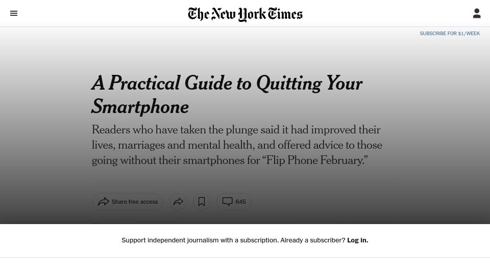 Screenshot of nytimes.com: A practical guide to quitting your smartphone