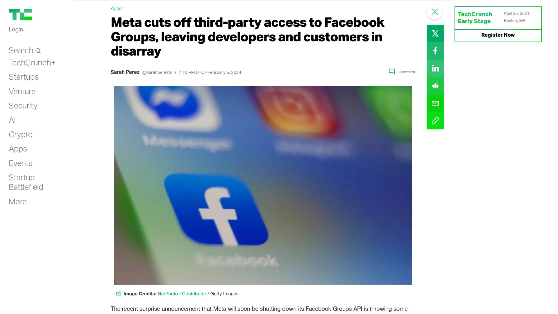 Screenshot of techcrunch.com: Meta cuts off third-party access to Facebook Groups