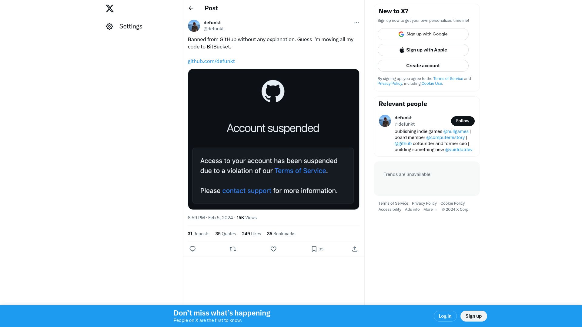 Screenshot of twitter.com: Chris Wanstrath "defunkt" GitHub cofounder and former CEO is banned on GitHub
