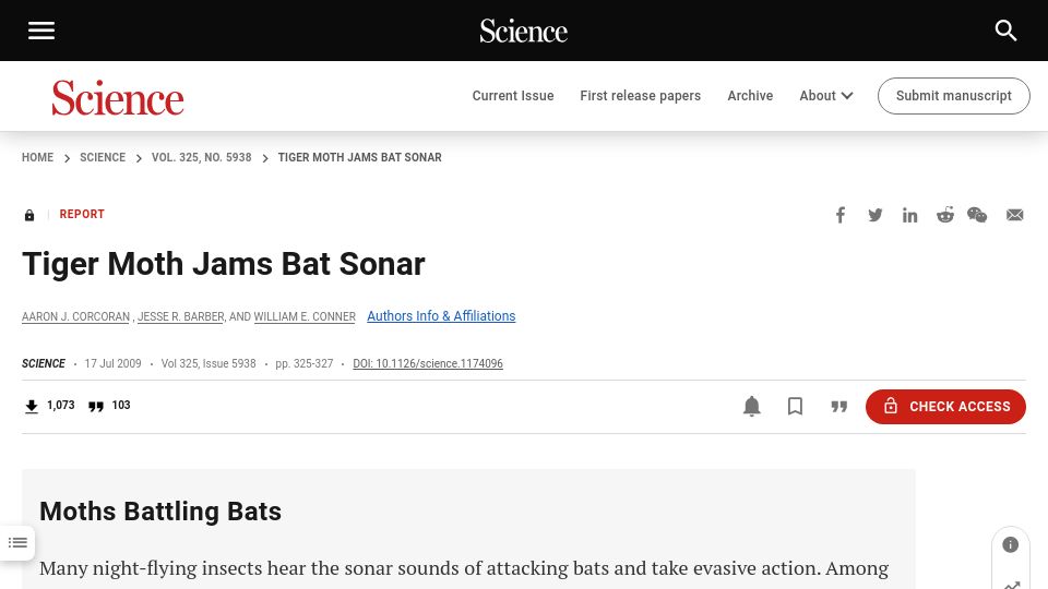 Screenshot of science.org: Tiger moth jams bat sonar (2009)