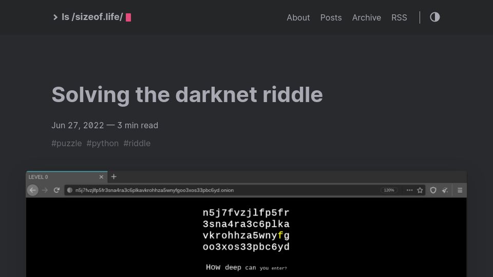 Screenshot of sizeof.life: Solving the darknet riddle (2022)