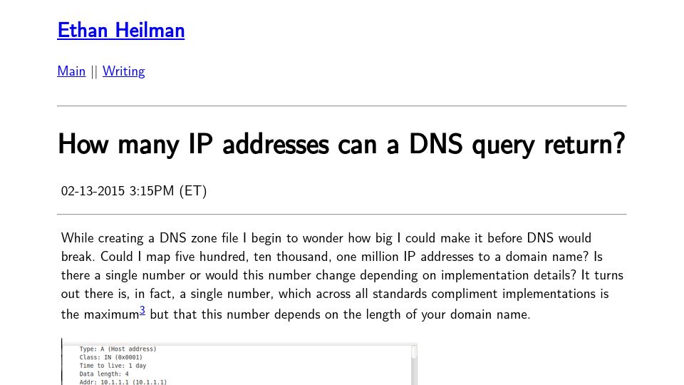 Screenshot of ethanheilman.com: How many IP addresses can a DNS query return? (2015)