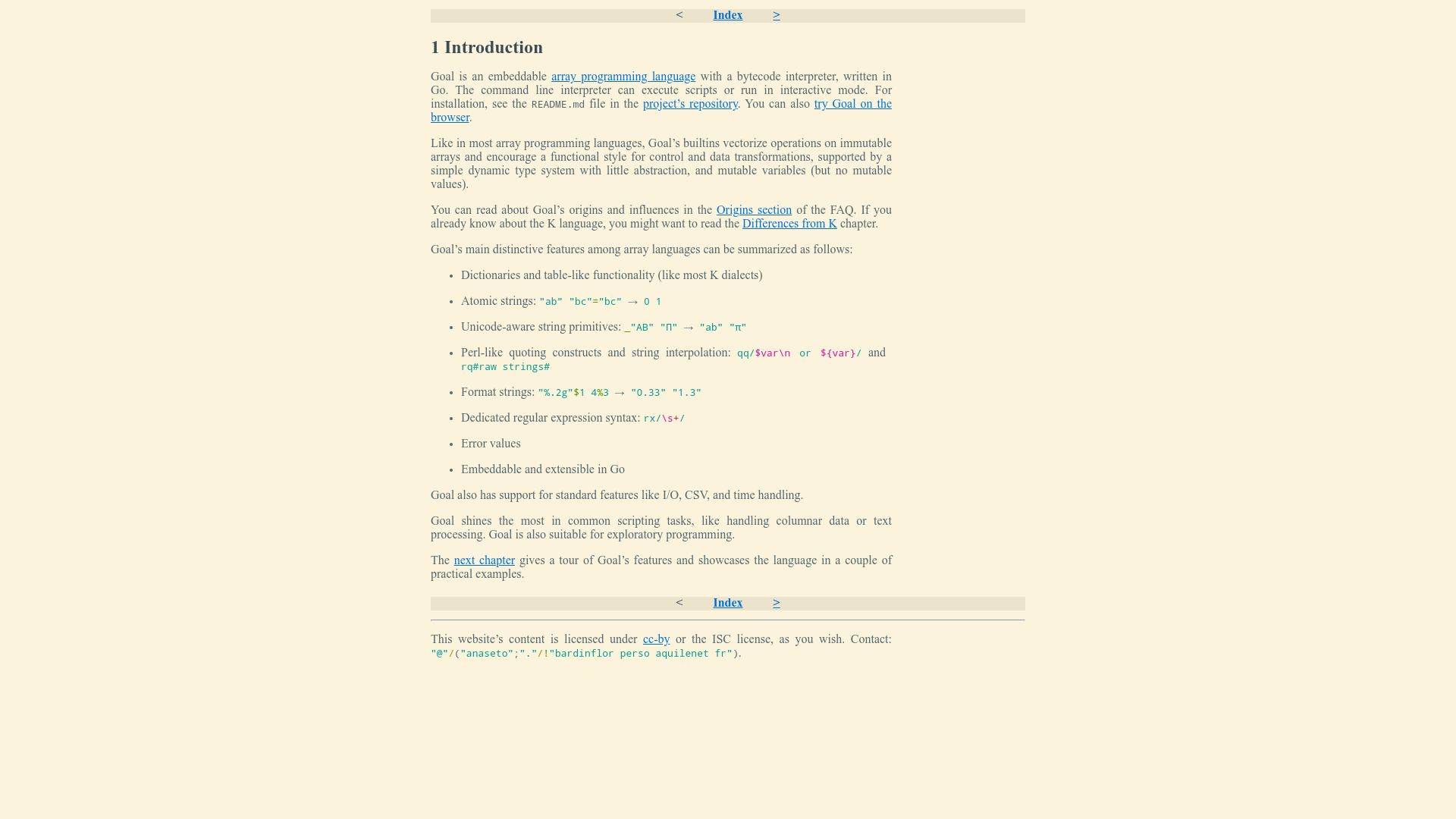 Screenshot of anaseto.codeberg.page: Goal: Embeddable array programming language with a bytecode interpreter in Go