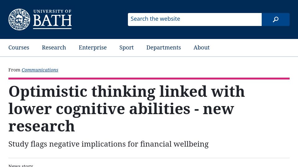 Screenshot of bath.ac.uk: Optimistic thinking linked with lower cognitive abilities