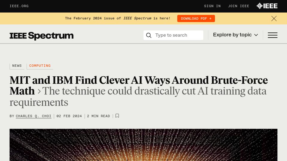Screenshot of spectrum.ieee.org: MIT and IBM Find Clever AI Ways Around Brute-Force Math