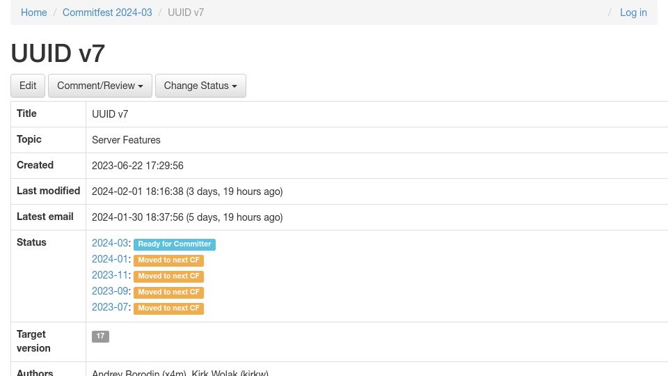 Screenshot of commitfest.postgresql.org: UUID v7