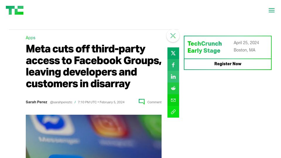 Screenshot of techcrunch.com: Meta cuts off third-party access to Facebook Groups