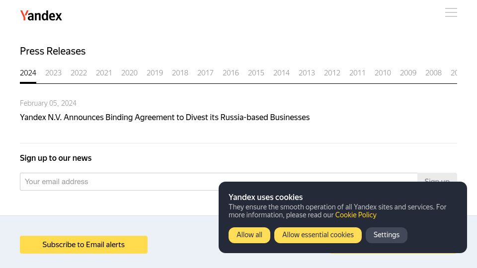 Screenshot of ir.yandex: Yandex to divest its Russia-based businesses