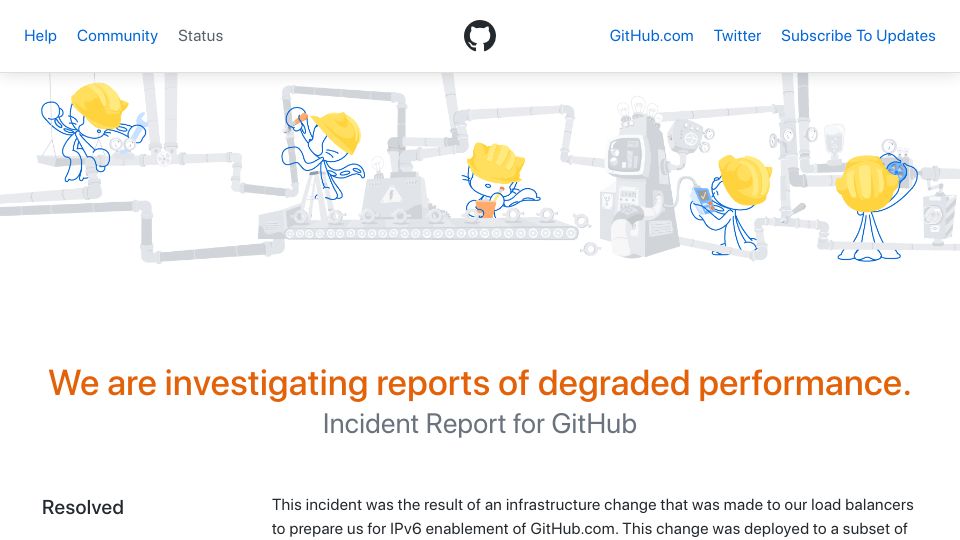 Screenshot of githubstatus.com: GitHub is preparing for IPv6 support for Github.com