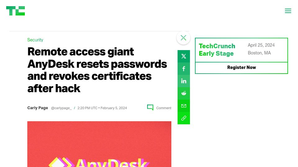 Screenshot of techcrunch.com: Remote access giant AnyDesk resets passwords and revokes certificates after hack