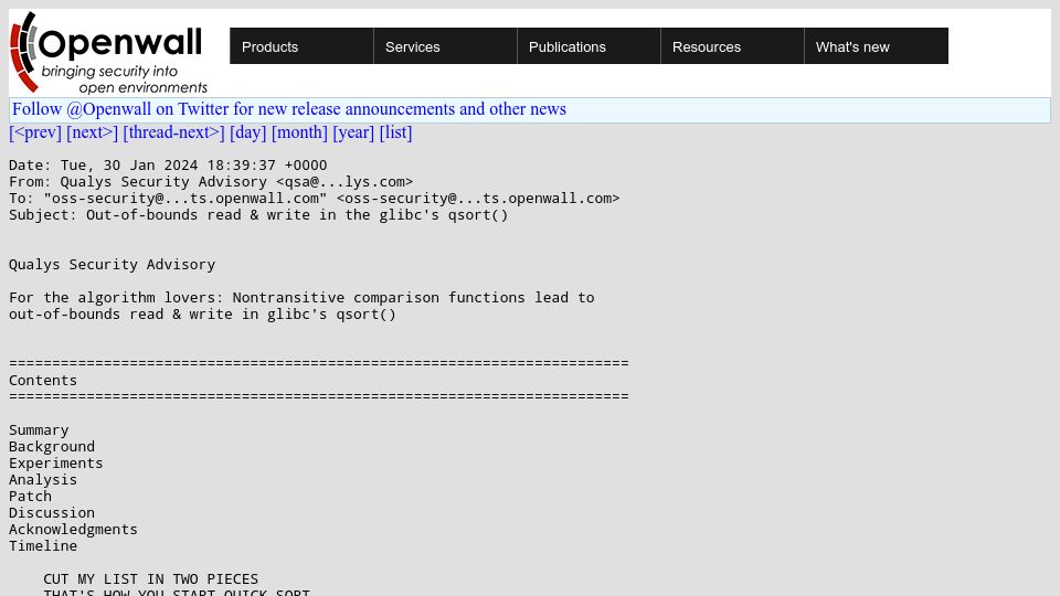 Screenshot of openwall.com: Out-of-bounds read and write in the glibc's qsort()