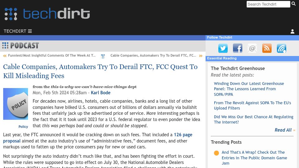 Screenshot of techdirt.com: Cable Companies, Automakers Try to Derail FTC, FCC Quest to Kill Misleading Fees