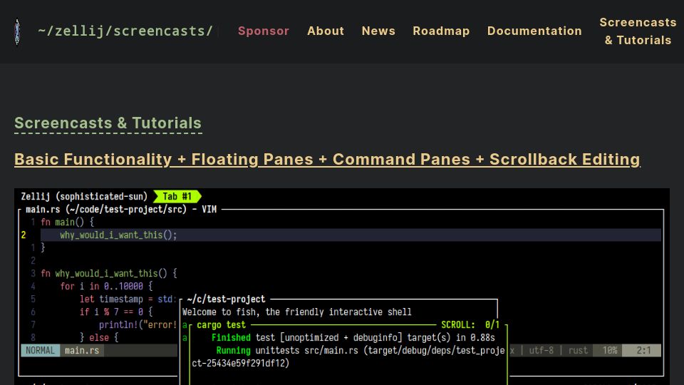 Screenshot of zellij.dev: Zellij: A terminal workspace with batteries included