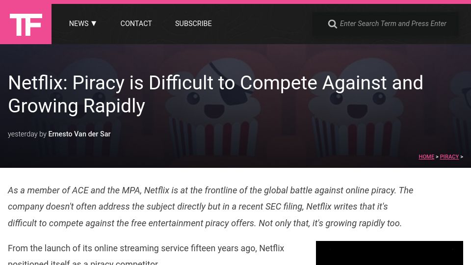Screenshot of torrentfreak.com: Netflix: Piracy is difficult to compete against and growing rapidly