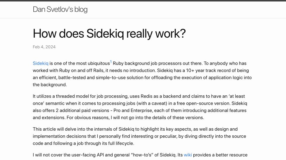 Screenshot of dansvetlov.me: How does Sidekiq really work?