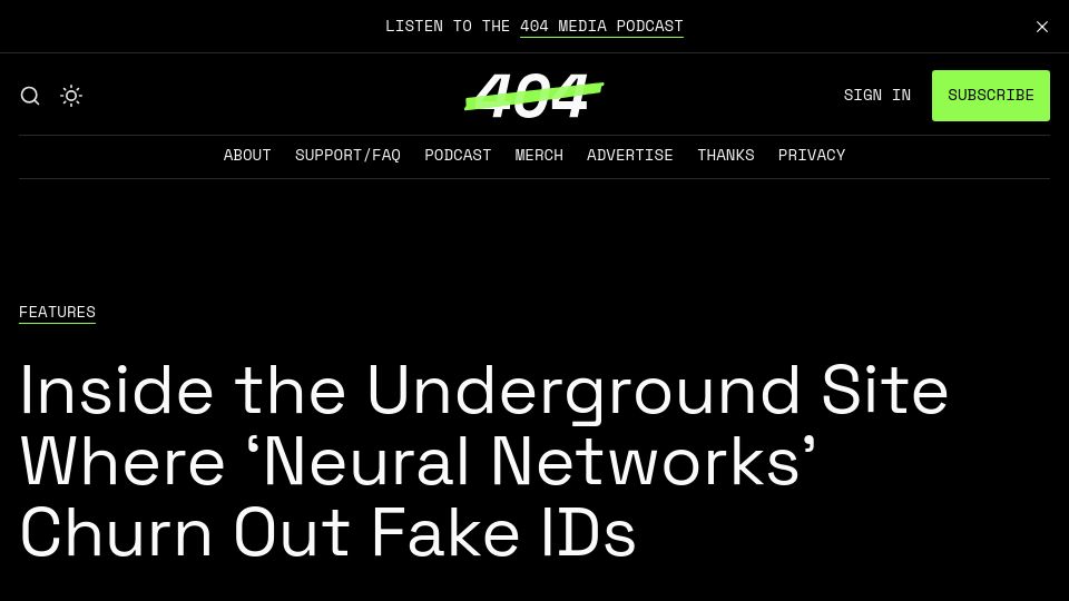 Screenshot of 404media.co: OnlyFake: A site where ‘neural networks’ churn out fake IDs