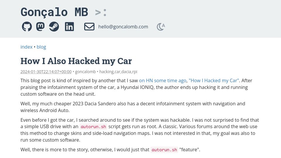 Screenshot of goncalomb.com: I also hacked my car
