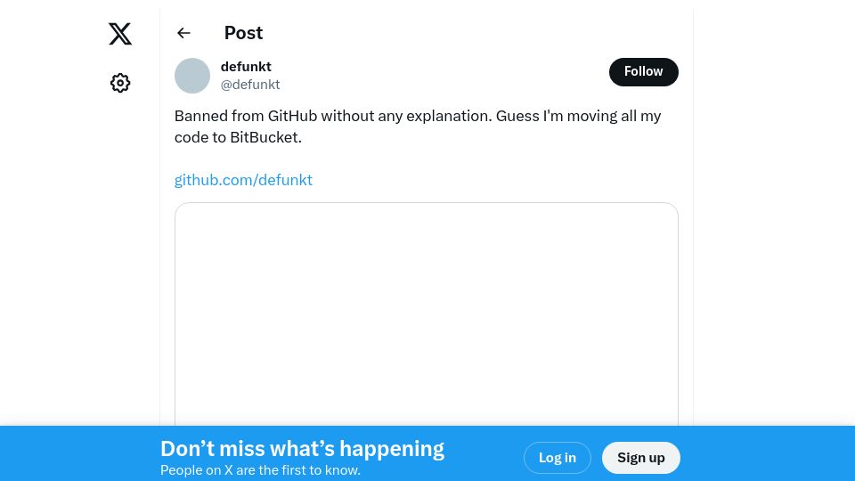 Screenshot of twitter.com: Chris Wanstrath "defunkt" GitHub cofounder and former CEO is banned on GitHub