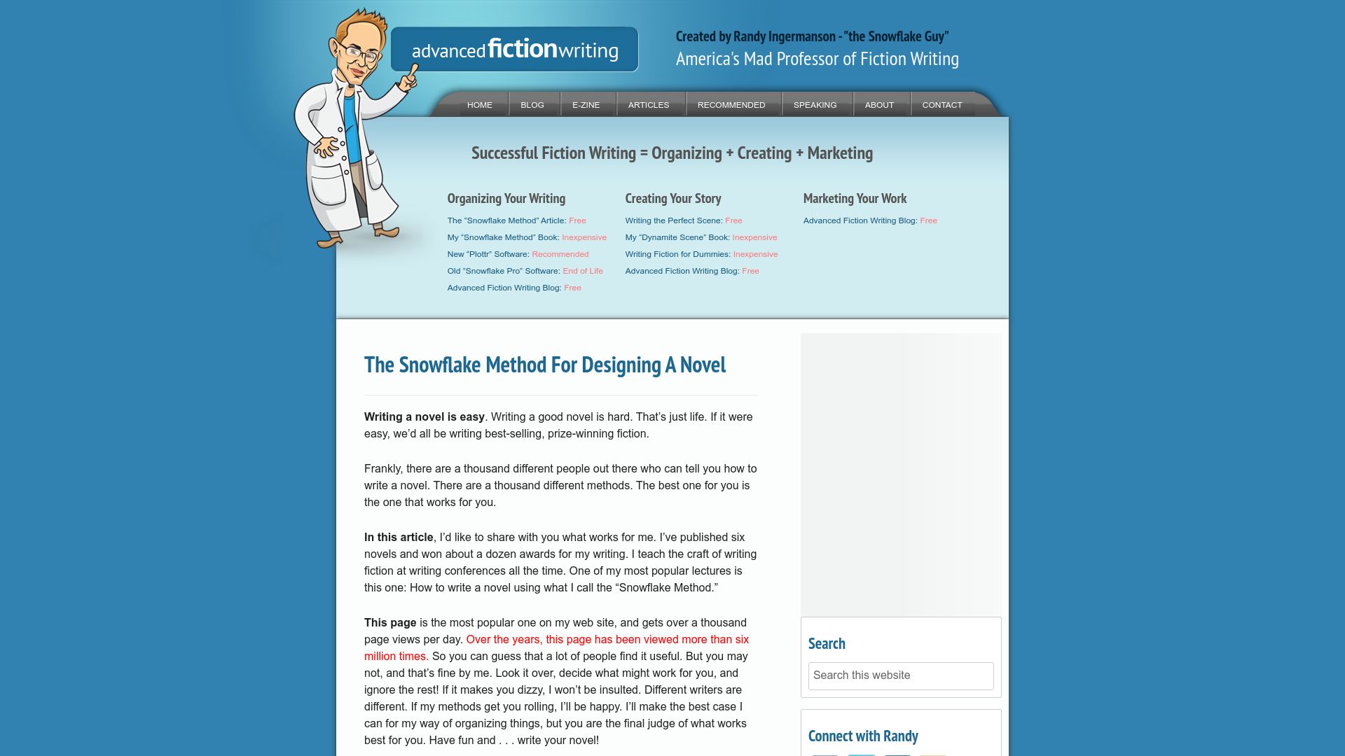 Screenshot of advancedfictionwriting.com: How to write a novel using the snowflake method (2013)