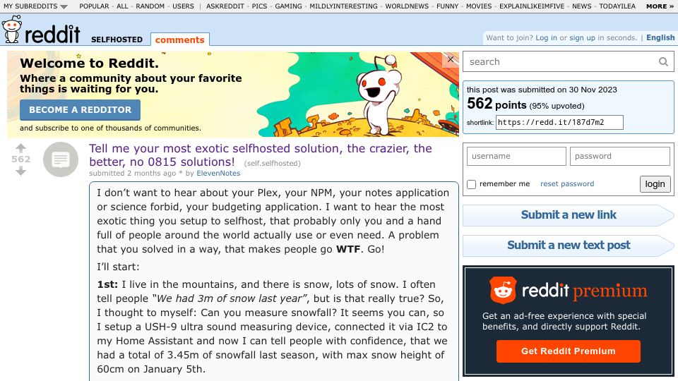 Screenshot of old.reddit.com: Tell me your most exotic selfhosted solution