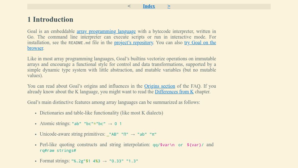 Screenshot of anaseto.codeberg.page: Goal: Embeddable array programming language with a bytecode interpreter in Go
