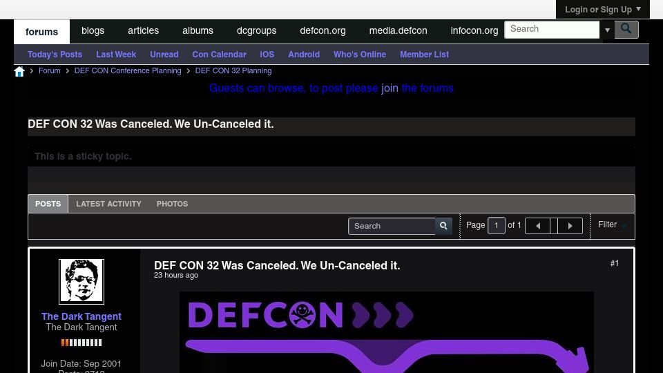Screenshot of forum.defcon.org: DEF CON 32 Was Canceled. We Un-Canceled it