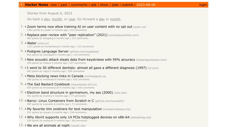 Screenshot of randomhackernews.com: Show HN: Visit the front page of Hacker News on a random day