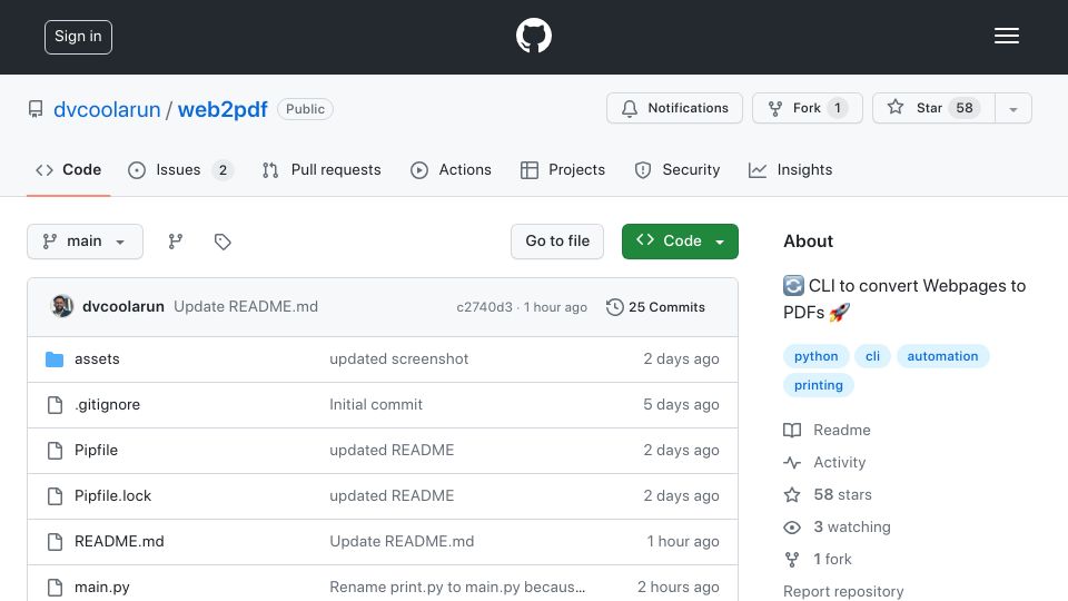 Screenshot of github.com: Show HN: CLI for generating PDFs for offline reading