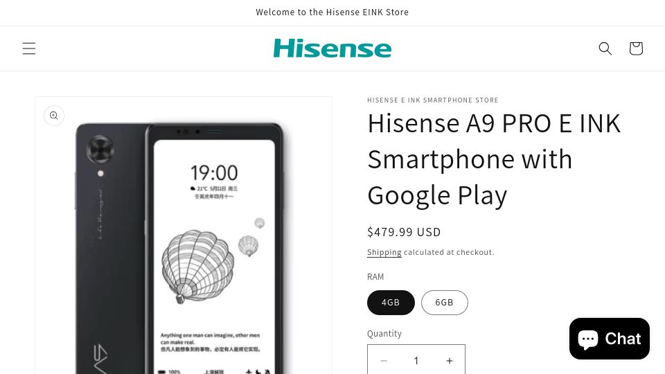 Screenshot of hisenseeink.com: Hisense A9 Pro E-Ink Android Smartphone