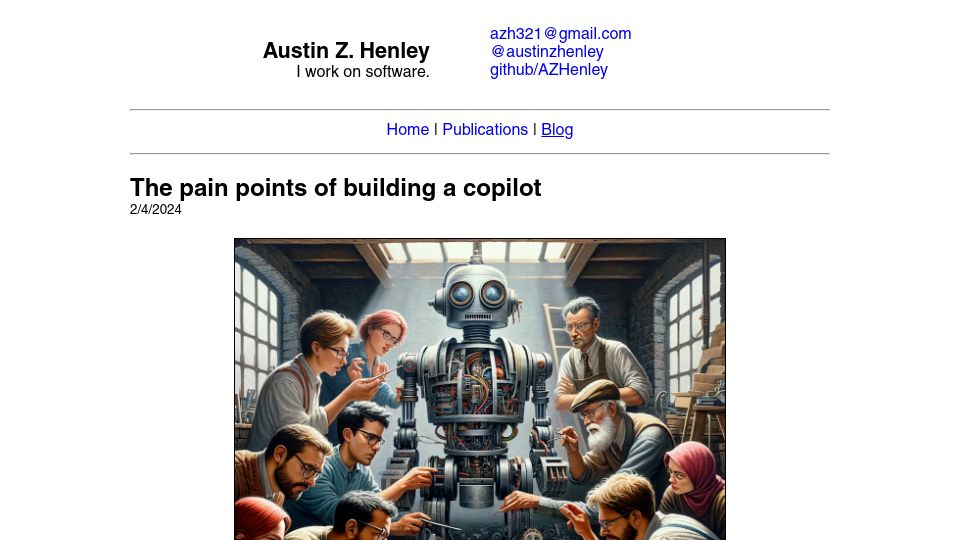 Screenshot of austinhenley.com: The pain points of building a copilot