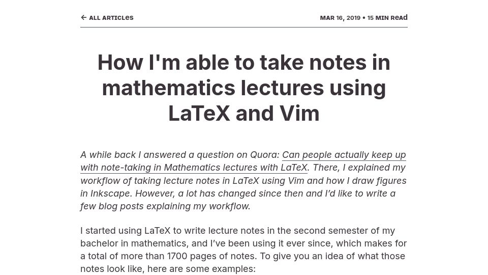 Screenshot of castel.dev: How I'm able to take notes in mathematics lectures using LaTeX and Vim (2019)