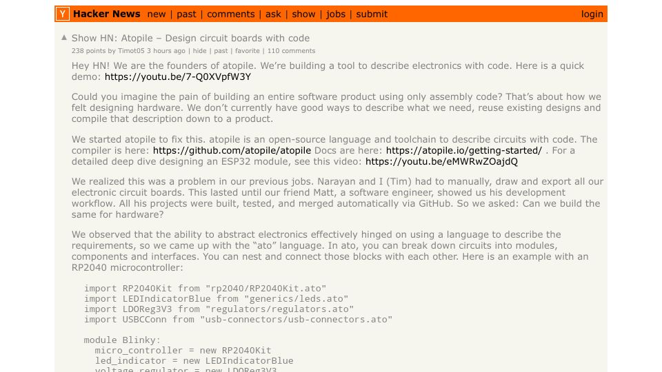 Screenshot of Hacker News post: Show HN: Atopile – Design circuit boards with code