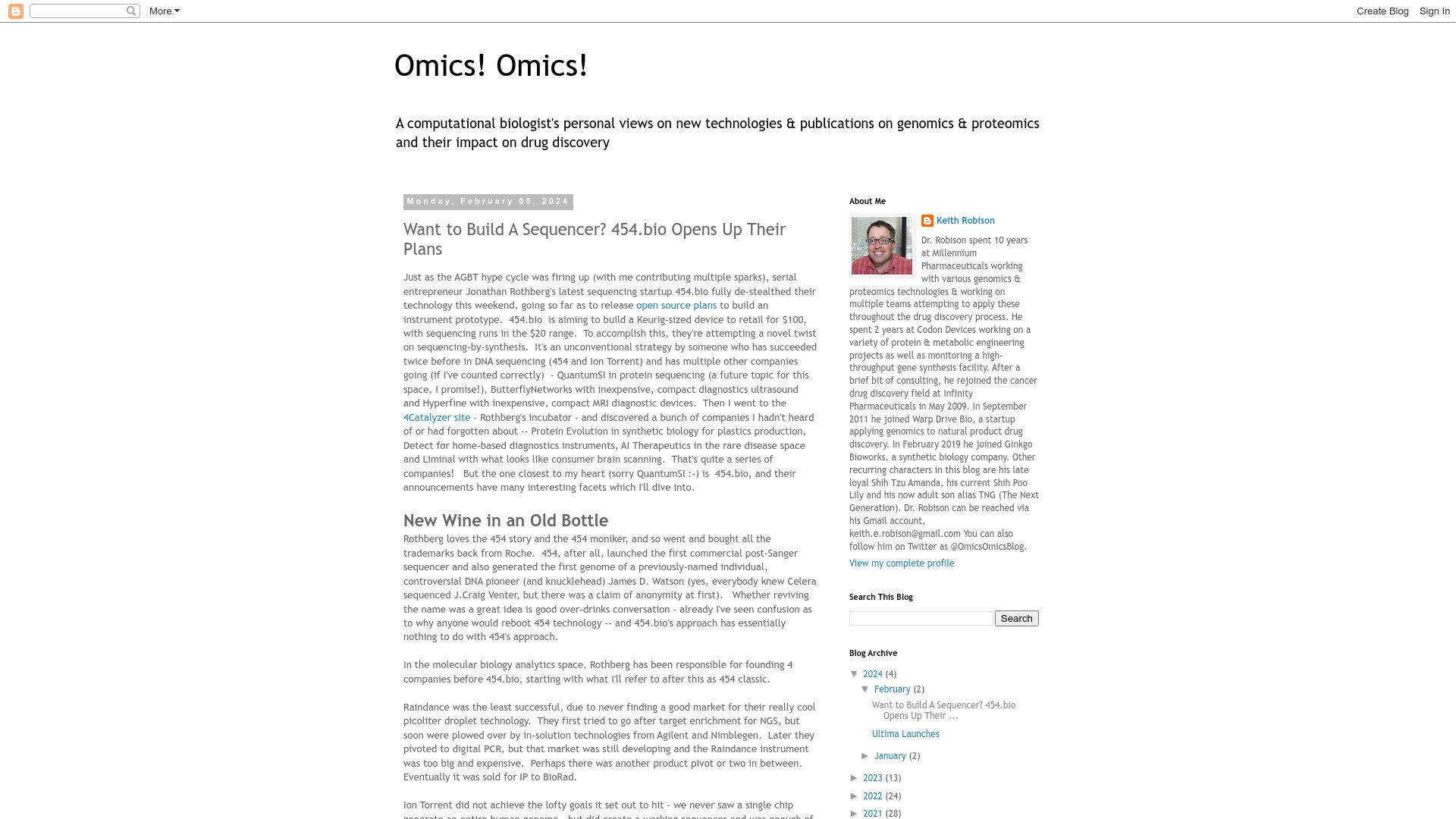 Screenshot of omicsomics.blogspot.com: Want to build a sequencer? 454.bio opens up their plans